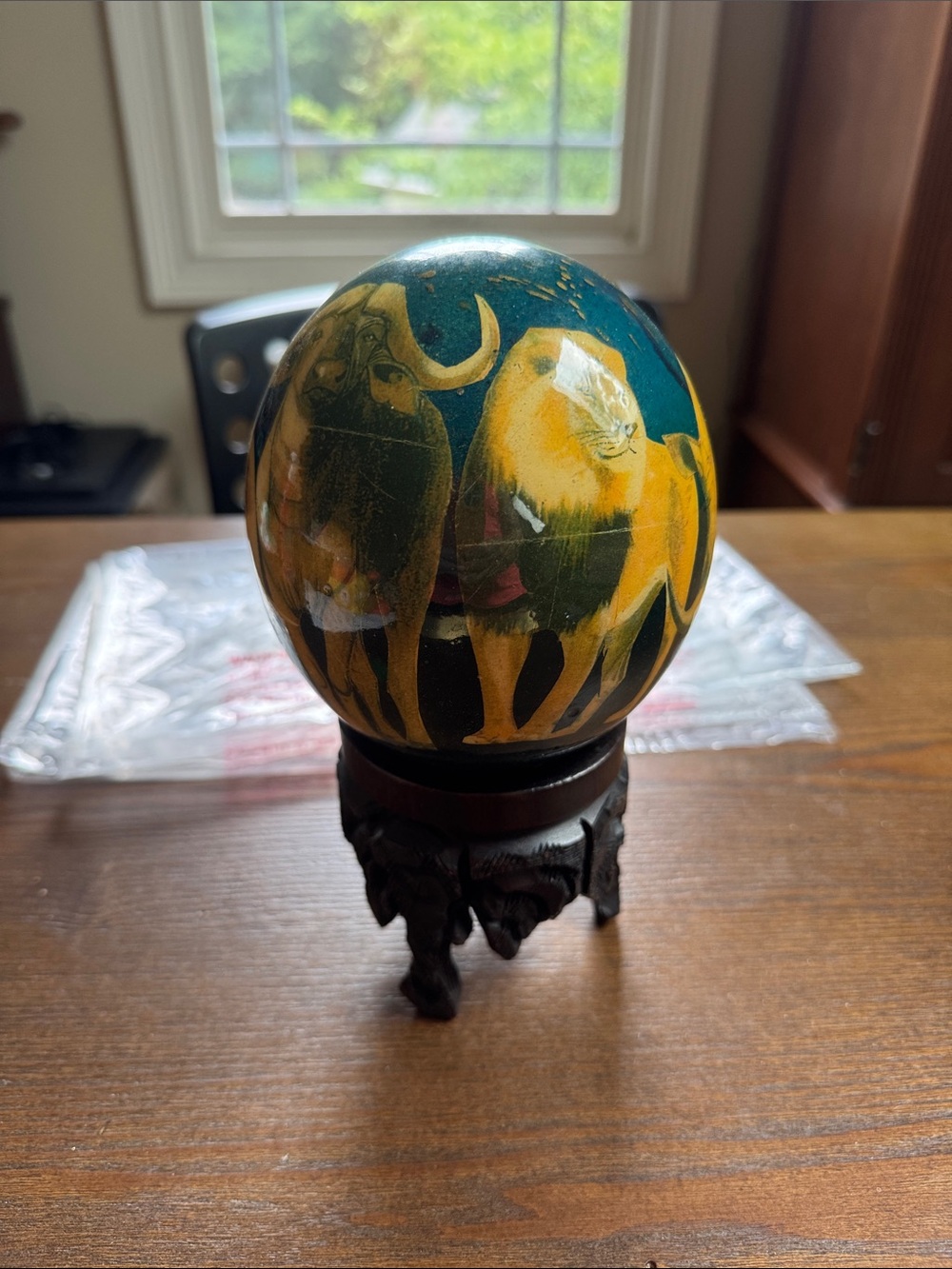 Decorative ostrich egg w/African animals - Teal and Yellow Home Art